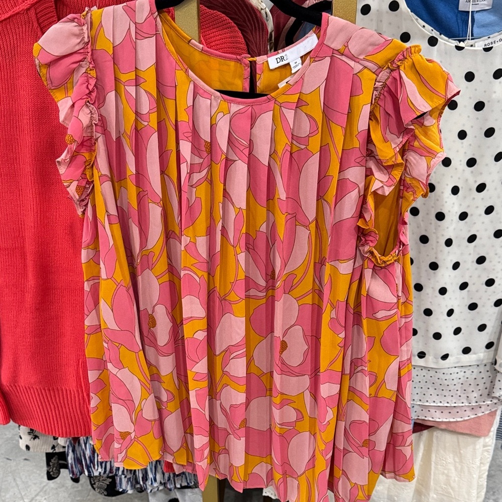 DR2 Pink & Yellow Floral Ruffle Sleeve Blouse